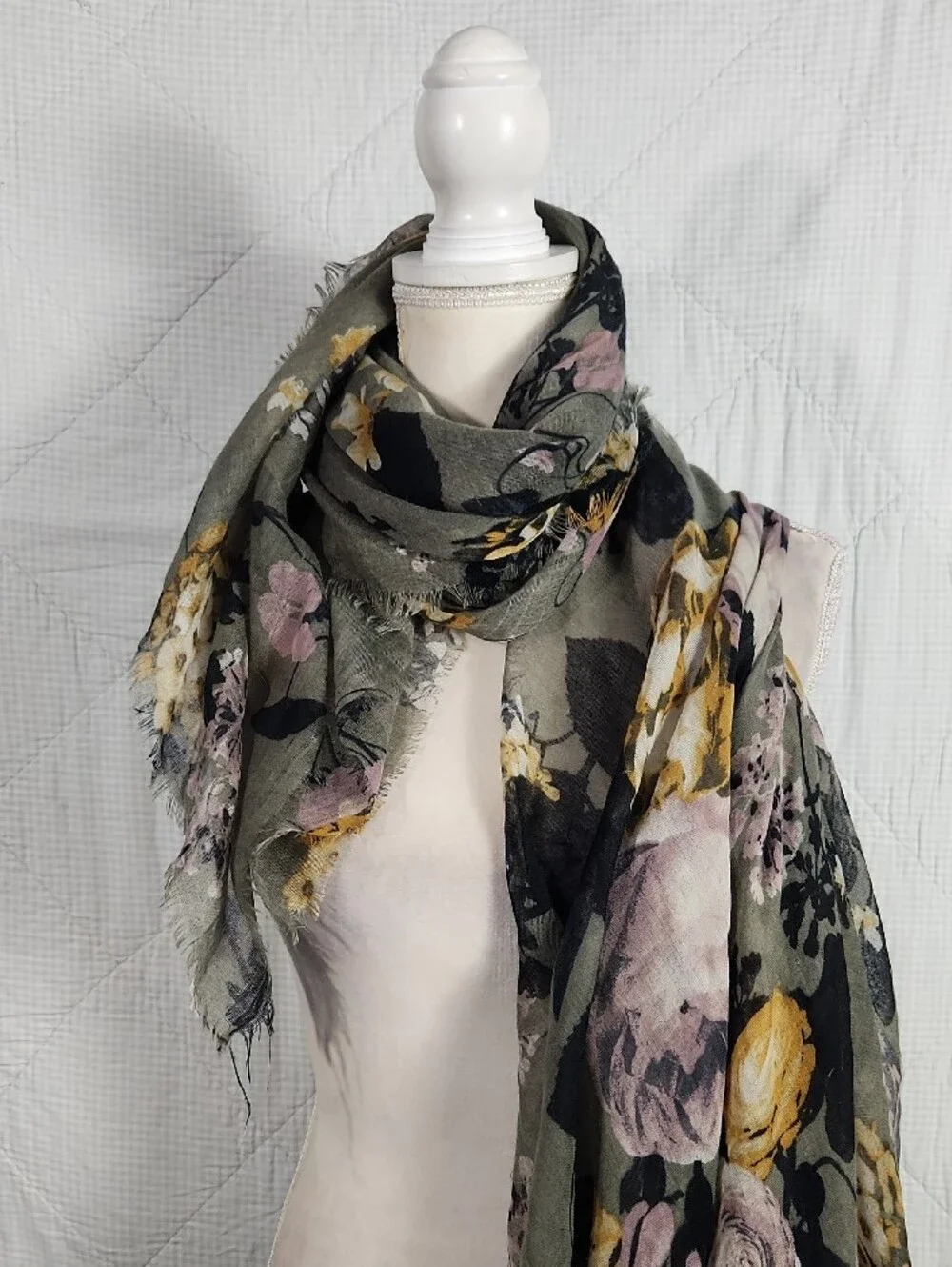 Floral Wrap Scarf in Olive Green, Pink & Yellow
